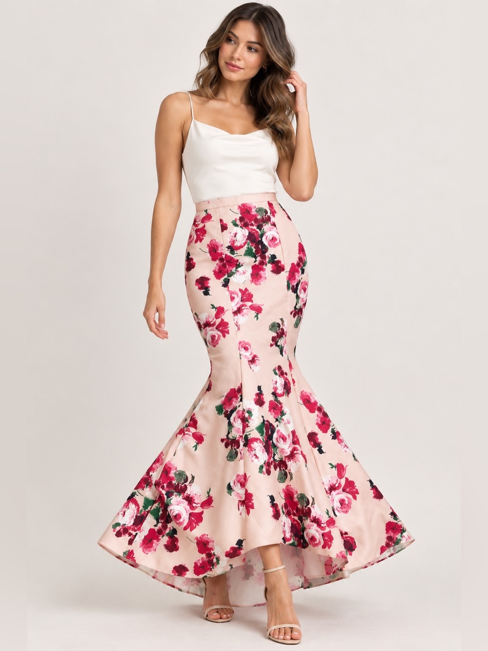 Xscape Floral Mermaid Maxi Skirt Pink Rose Print Tulle Hem Size 6